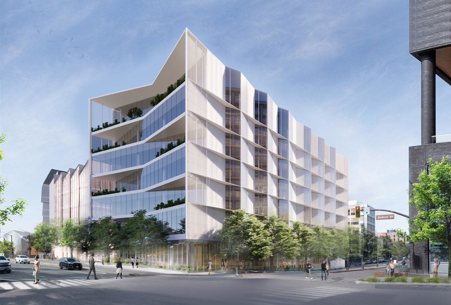 A rendering of the Innovative Genomics Institute–Bakar Labs building, which will be constructed at the corner of Oxford St. and University Ave. on the north edge of the Berkeley Innovation Zone. Image: DGA + Weiss/Manfredi